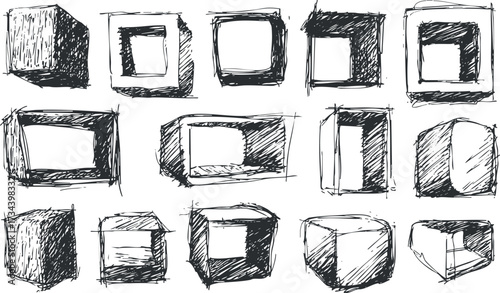 Collection of hand-drawn sketches of cubes and geometric shapes in various perspectives..