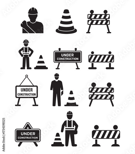 A collection of black and white vector icons representing construction work, including workers, safety cones, signs, and barricades.