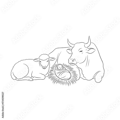 Illustration of a cow and sheep resting beside a manger with baby  