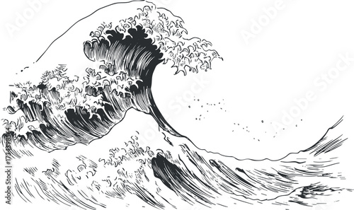 A dynamic black and white illustration of a powerful ocean wave crashing..