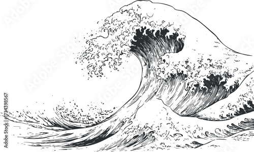 An artistic illustration of a powerful ocean wave crashing with dynamic movement and energy..