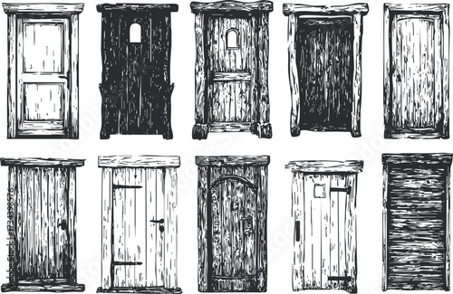 A collection of hand-drawn vintage wooden doors showcasing various styles and designs..