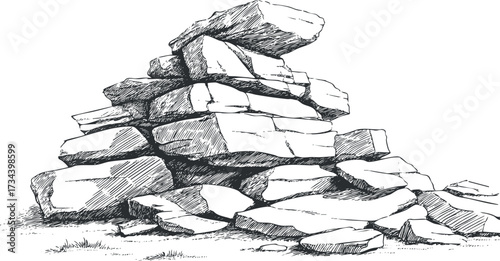 A detailed black and white illustration of a pile of rocks and boulders..