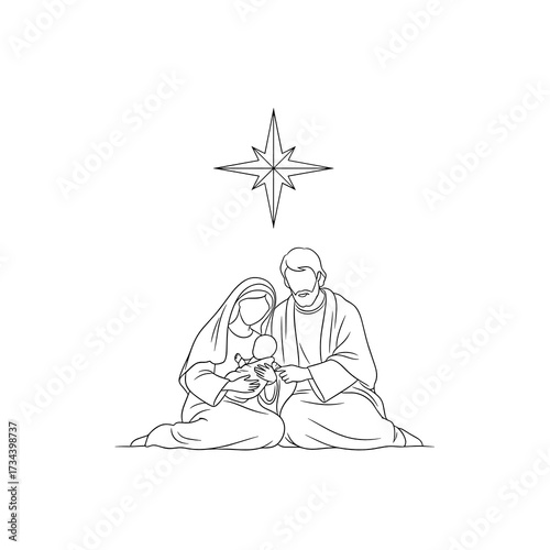 Mary and Joseph holding baby Jesus under a star in nativity scene  