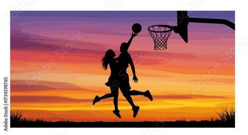 Silhouette of a Couple Playing Basketball at Sunset