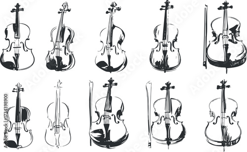 A collection of artistic sketches showcasing various violin designs in a creative layout..