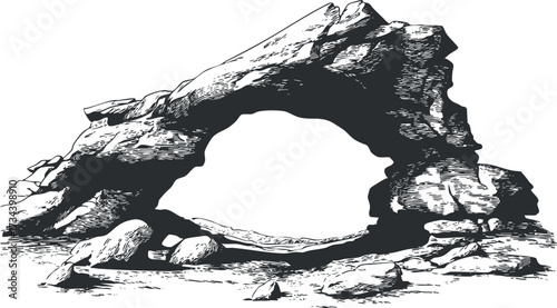 A detailed illustration of a rock arch formation in a natural landscape setting..