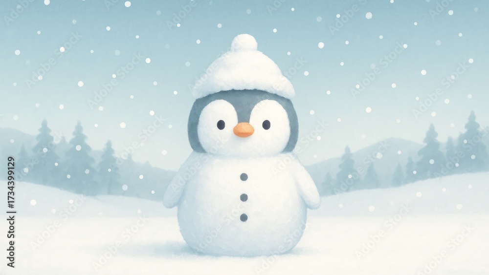 Fototapeta premium Cute penguin snowman winter wonderland wallpaper