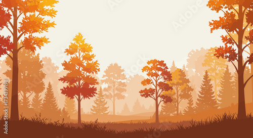 Autumnal forest scene with trees in vibrant orange and yellow hues, evoking a sense of fall