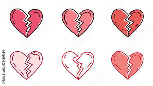 Flat Style Broken Heart Icons Set for Emotional Design