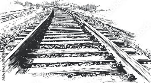 A black and white illustration of railway tracks curving into the distance showcasing transportation and travel..