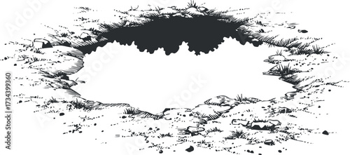 Illustration of a hole in the ground surrounded by dirt and rocks, ideal for various design uses..