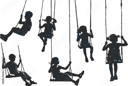 A group of children joyfully swinging on swings in a playful outdoor setting..