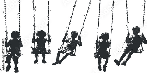 A black and white illustration of children joyfully swinging on swings in a playground..