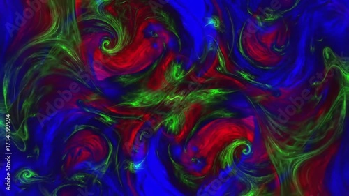 Abstract digital artwork of swirling red blue and green patterns