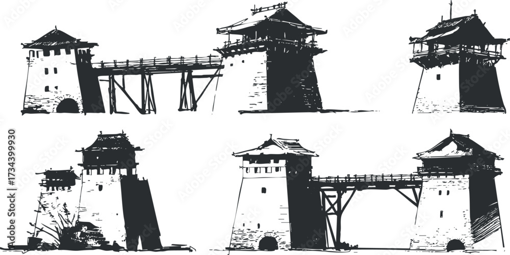 Fototapeta premium Collection of hand-drawn fortress and castle tower illustrations showcasing architectural details and design..