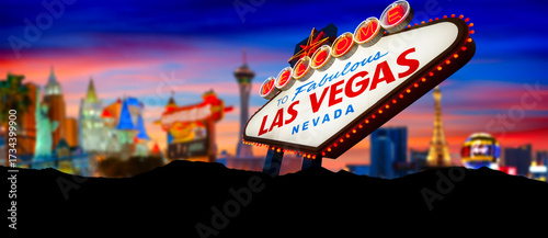 Welcome To Fabulous Las Vegas Sign With Beautiful City Lights at Sunset