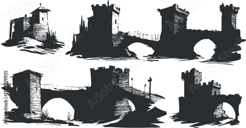 Silhouette illustrations of various castles and bridges showcasing historical architecture and design..