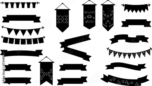 Collection of decorative banners and pennants with geometric patterns isolated on white background silhouette
