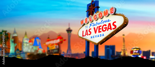 Welcome To Fabulous Las Vegas Sign With Beautiful City Lights at Sunset