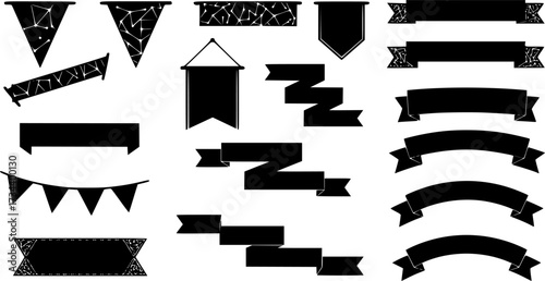 Collection of decorative banners and pennants with geometric patterns isolated on white background silhouette
