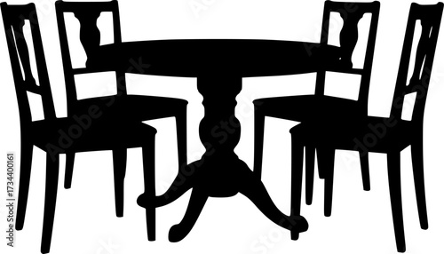 Classic wooden dining table with four chairs arranged around it silhouette isolated on white background
