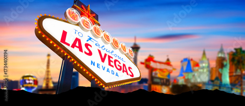Welcome To Fabulous Las Vegas Sign With Beautiful City Lights at Sunset