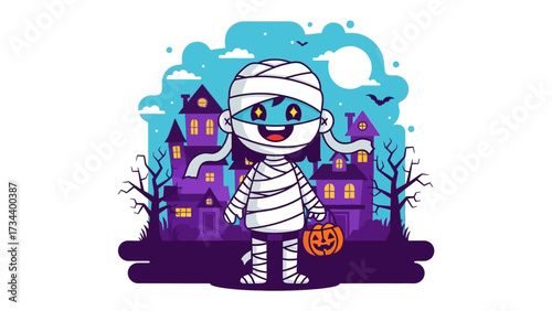 Happy Halloween: a spooky illustration of a joyful mummy character with a pumpkin treat basket, set against a colorful background of haunted houses and a twilight sky.