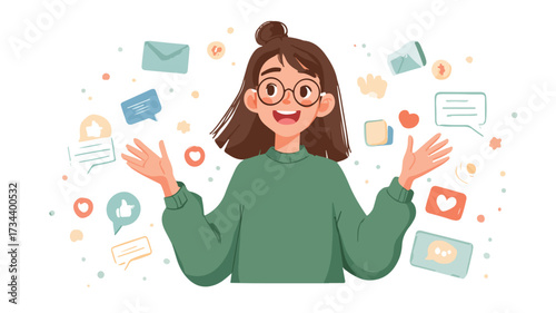 Happy Woman with Social Media Icons in Vector Illustration