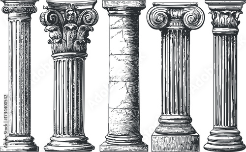 A collection of detailed engravings showcasing various classical architectural columns and pillars..