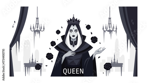 Royal Allure: A regal queen, adorned in a majestic crown and cloak, commands attention with an air of sophisticated grace against a surreal palace backdrop.