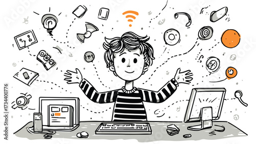 Child Surrounded by Technology Symbols: Innovative Use of Modern Tech in Education