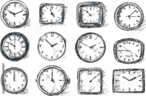 A collection of various clock designs showcasing different styles and time displays..