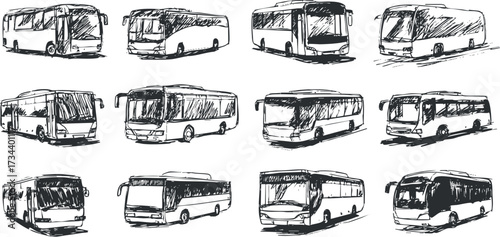 A collection of hand-drawn bus illustrations showcasing various styles and angles for transportation design..