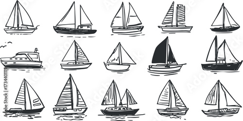 A collection of hand-drawn illustrations of various boats and sailboats in black and white..