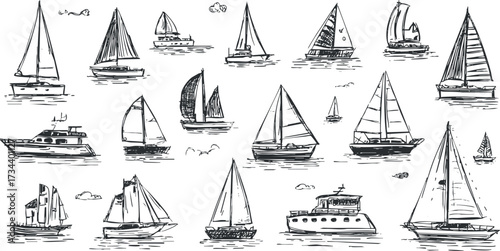 A collection of hand-drawn boats and sailboats in various styles and sizes on water..
