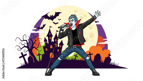 Vampire Rock Star on Stage: A captivating illustration of a vampire rock star, bathed in the eerie glow of a Halloween night, commanding the stage with vocal power.