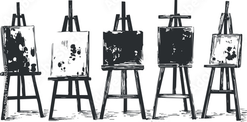 A collection of easels displaying blank canvases ready for artistic creation and expression..