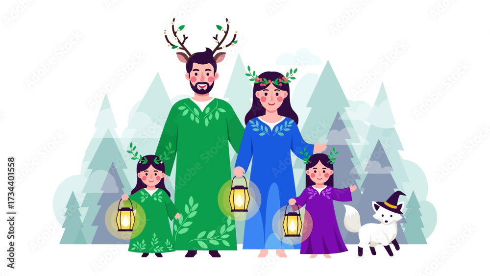Naklejka premium Holiday Lantern Family Gathering: An illustration depicts a family, including a mother, father, and two daughters, illuminated by glowing lanterns, evoking a sense of togetherness and joy.