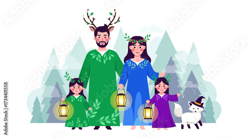 Holiday Lantern Family Gathering: An illustration depicts a family, including a mother, father, and two daughters, illuminated by glowing lanterns, evoking a sense of togetherness and joy.