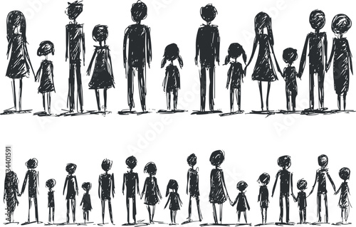 A diverse group of stick figure families holding hands, symbolizing unity and togetherness..