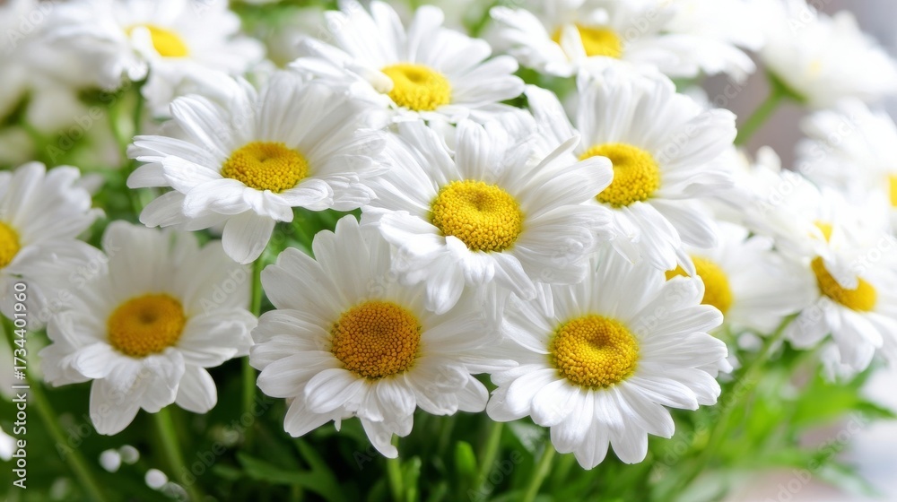 Obraz premium A vibrant bouquet of white daisies with yellow centers surrounded by lush green leaves symbolizes purity and new beginni