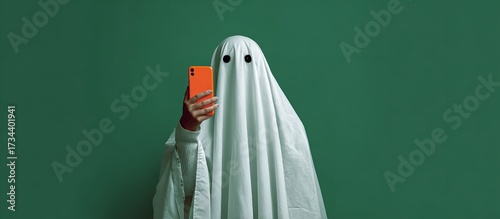 Funny ghost costume with smartphone in hand on green backdrop, minimalist Halloween themed design with playful spooky vibe