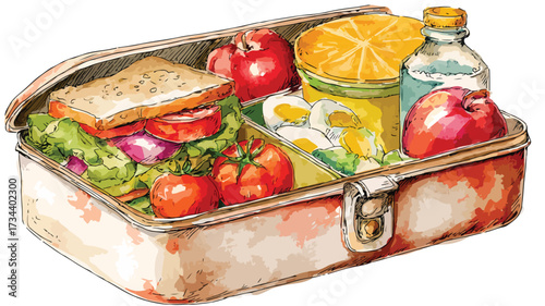 Vibrant School Lunch Box Watercolor Drawing Vector Illustration