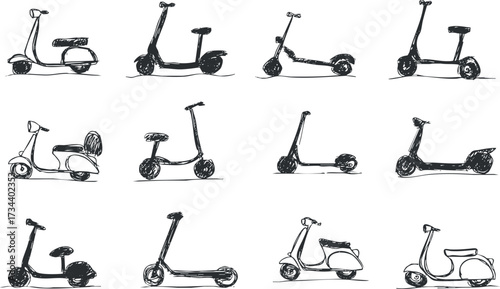 A collection of hand-drawn electric scooters showcasing various designs for urban mobility..