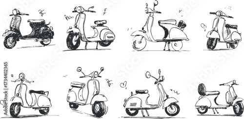 A collection of hand-drawn scooter sketches showcasing various designs and styles for urban transportation..
