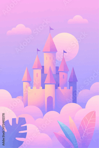 dreamy castle adrift in pastel skies, glowing softly atop billowy clouds.