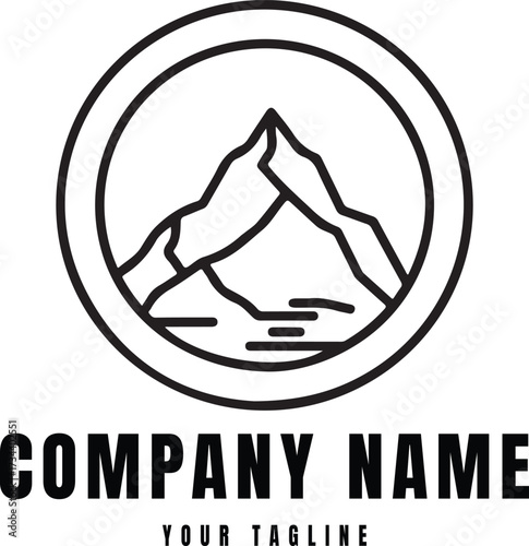 A minimalist black outline vector logo featuring a sharp, jagged mountain peak rising above a small body of water, all neatly enclosed within a double circular border