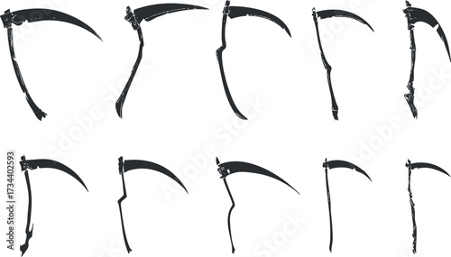 A collection of various scythe designs showcasing different shapes and styles for agricultural use..
