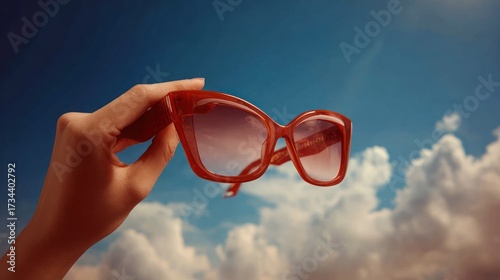 Hand Holding Red Sunglasses Against Bright Blue Sky with Fluffy Clouds